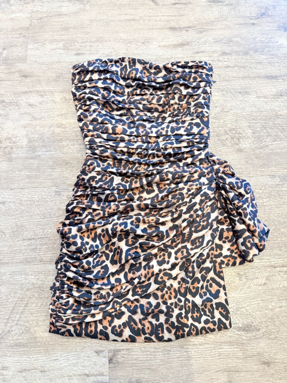 Ronny Kobo Collection Strapless Leopard Ruched Mini Dress - Brown/Black/CreamEUC - Picture 2 of 7